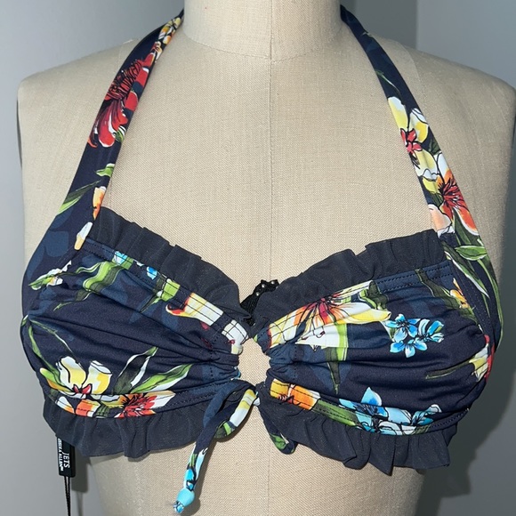 JETS by Jessika Allen Navy Floral Ruffle Tie Halter Bikini Top US Sz 4.- NWT! - Picture 2 of 10